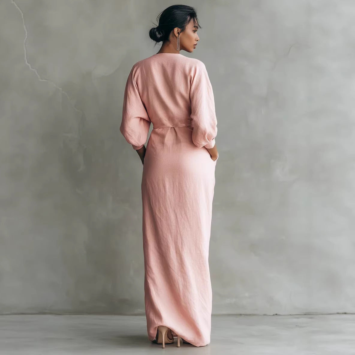 Maxi Dress Women's Wrap Style with V-Neck and Long Sleeves - 1 - London-stylehouse.com