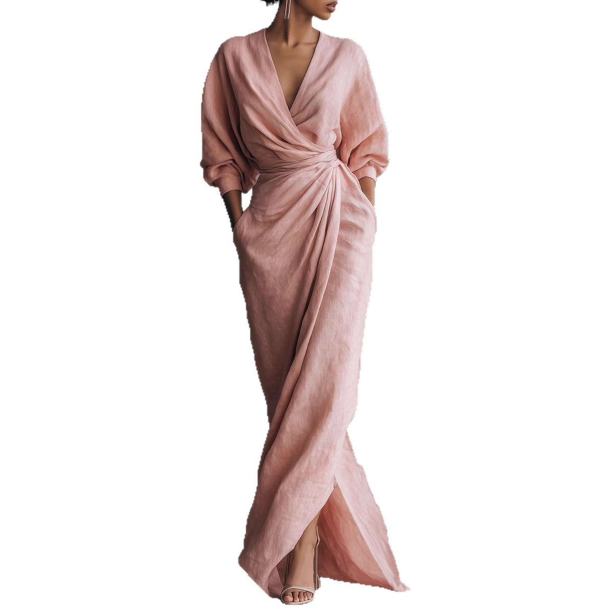Maxi Dress Women's Wrap Style with V-Neck and Long Sleeves - 2 - London-stylehouse.com