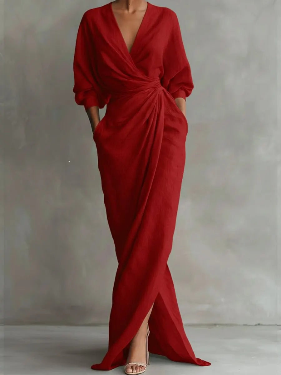 Maxi Dress Women's Wrap Style with V-Neck and Long Sleeves - 3 - London-stylehouse.com