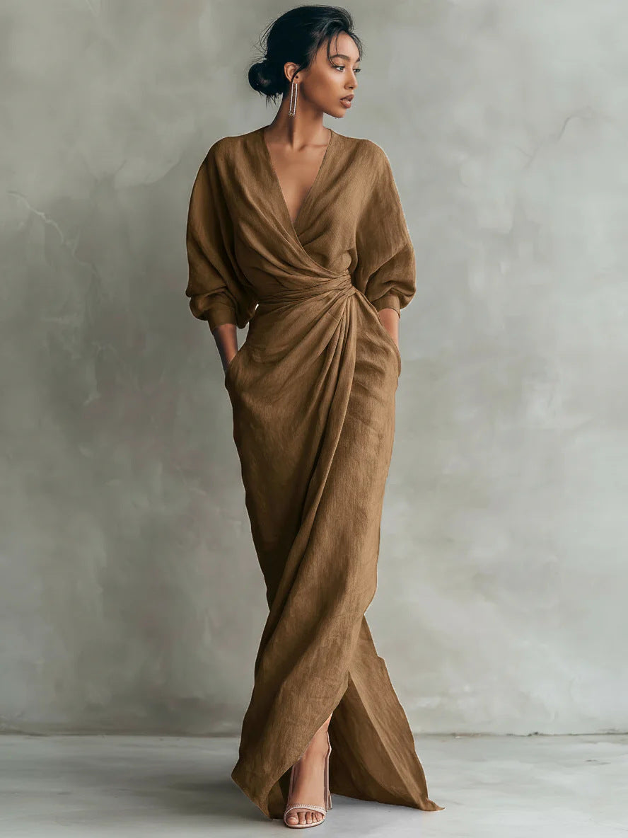 Maxi Dress Women's Wrap Style with V-Neck and Long Sleeves - 4 - London-stylehouse.com