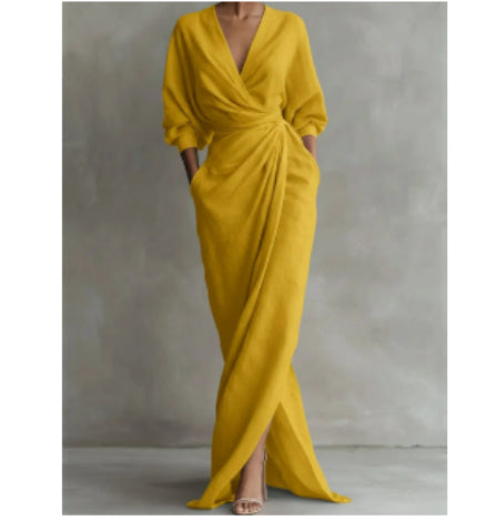 Maxi Dress Women's Wrap Style with V-Neck and Long Sleeves - 5 - London-stylehouse.com