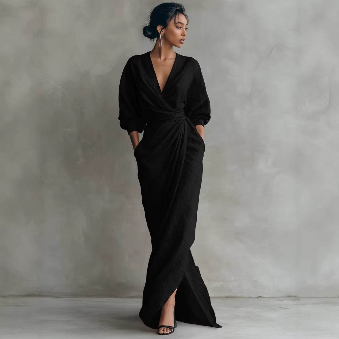 Maxi Dress Women's Wrap Style with V-Neck and Long Sleeves - 6 - London-stylehouse.com