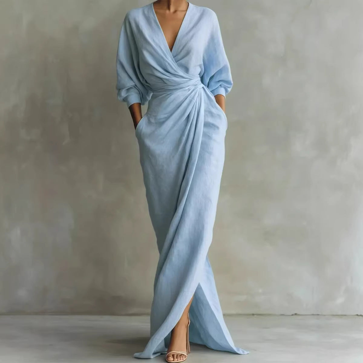 Maxi Dress Women's Wrap Style with V-Neck and Long Sleeves - 8 - London-stylehouse.com