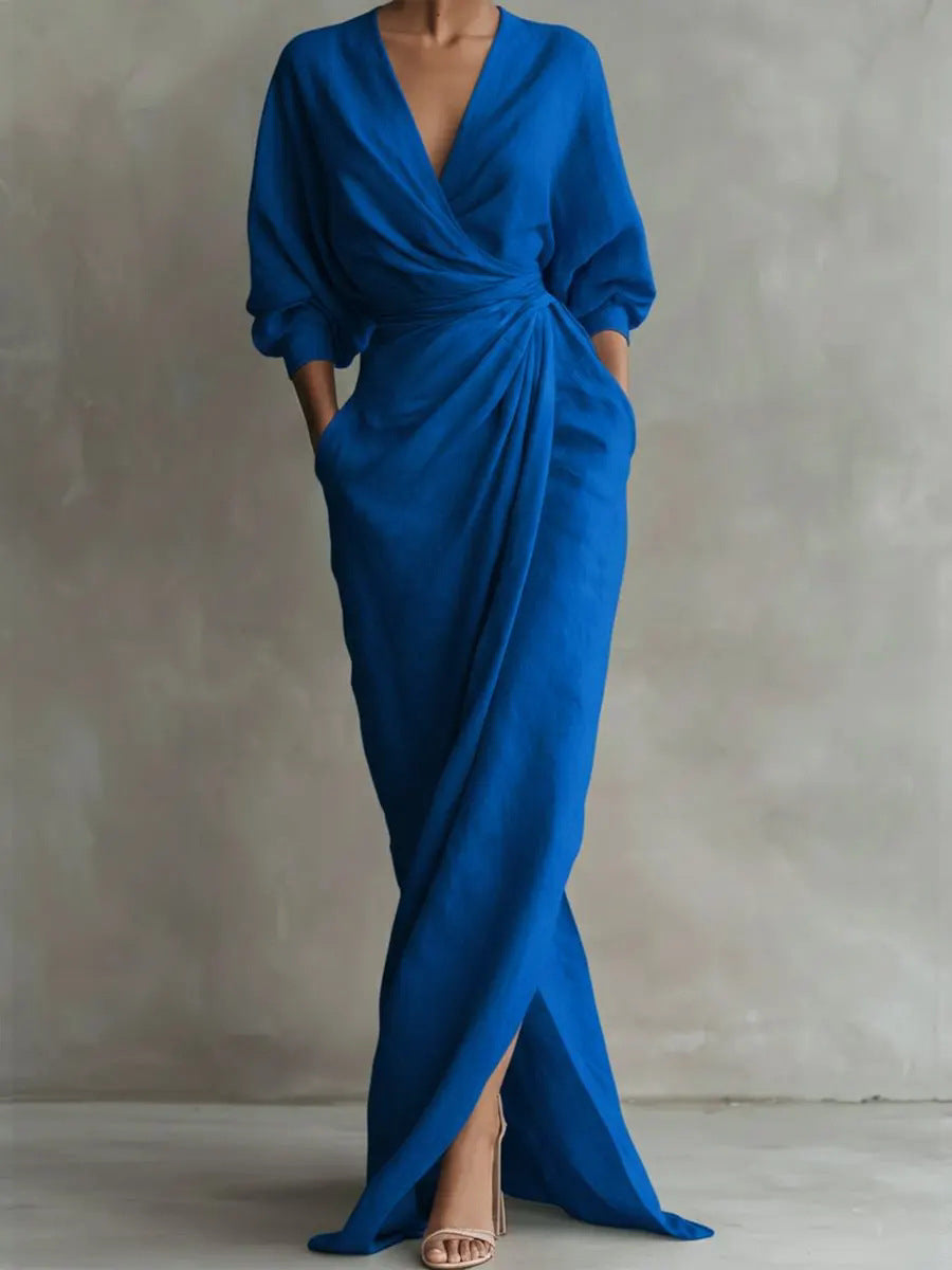 Maxi Dress Women's Wrap Style with V-Neck and Long Sleeves - 9 - London-stylehouse.com