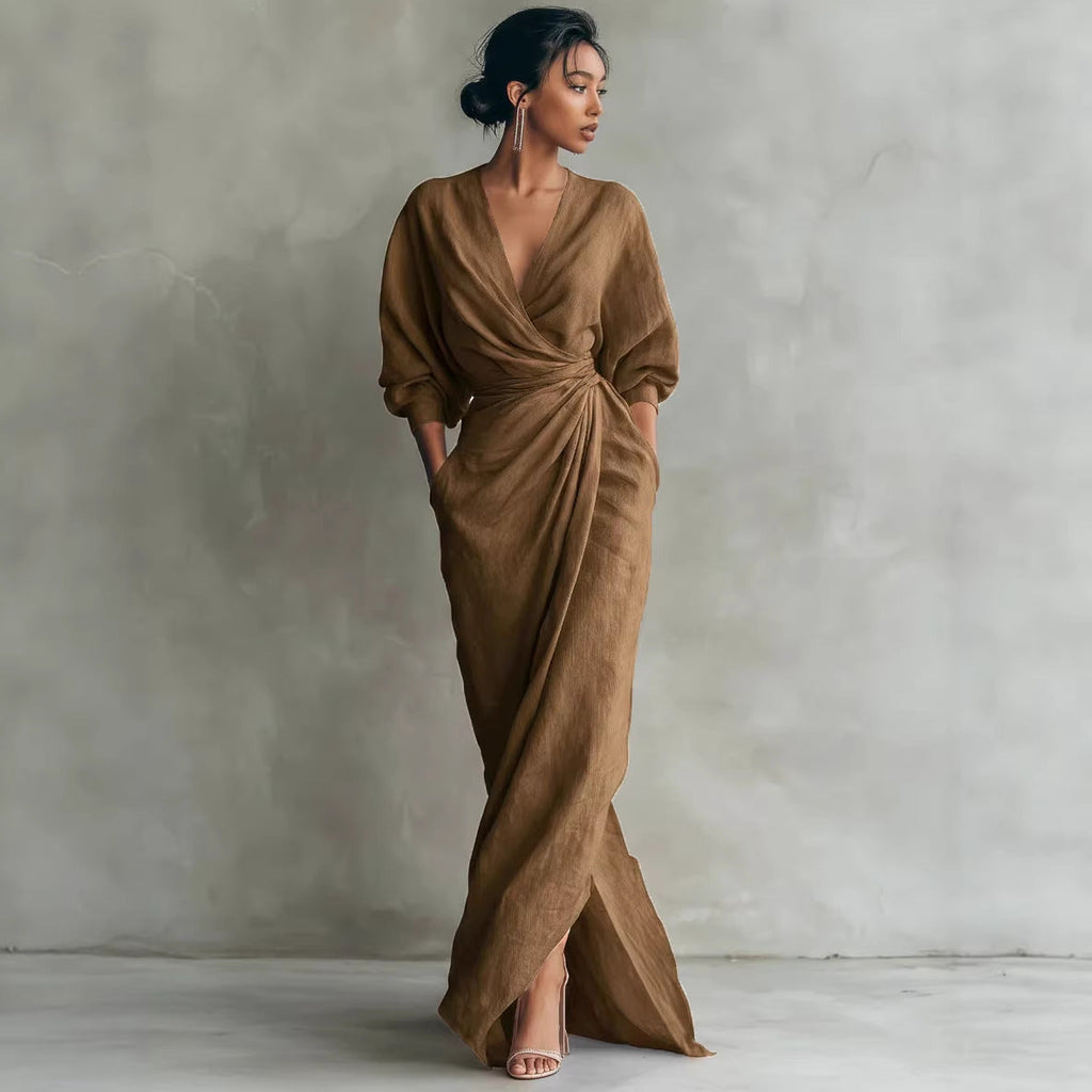 Maxi Dress Women's Wrap Style with V-Neck and Long Sleeves - 10 - London-stylehouse.com