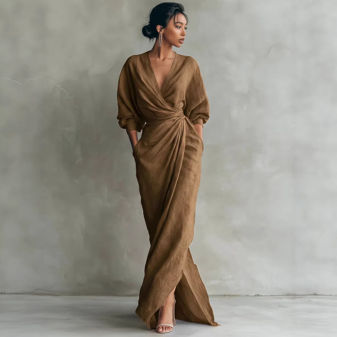 Maxi Dress Women's Wrap Style with V-Neck and Long Sleeves - 10 - London-stylehouse.com