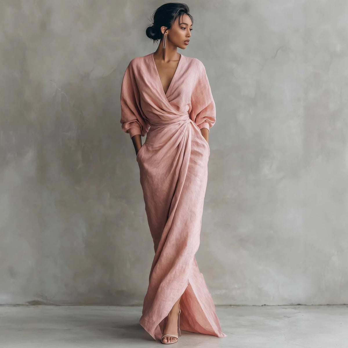 Maxi Dress Women's Wrap Style with V-Neck and Long Sleeves - 11 - London-stylehouse.com
