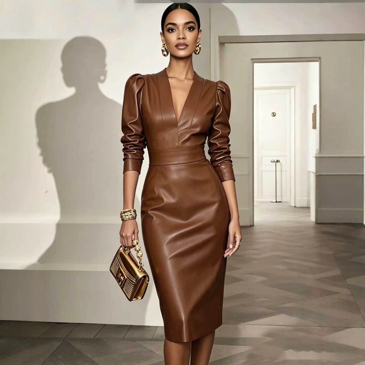 Elegant Women's Midi Dress with V-Neck and Puff Sleeves - 3 - London-stylehouse.com