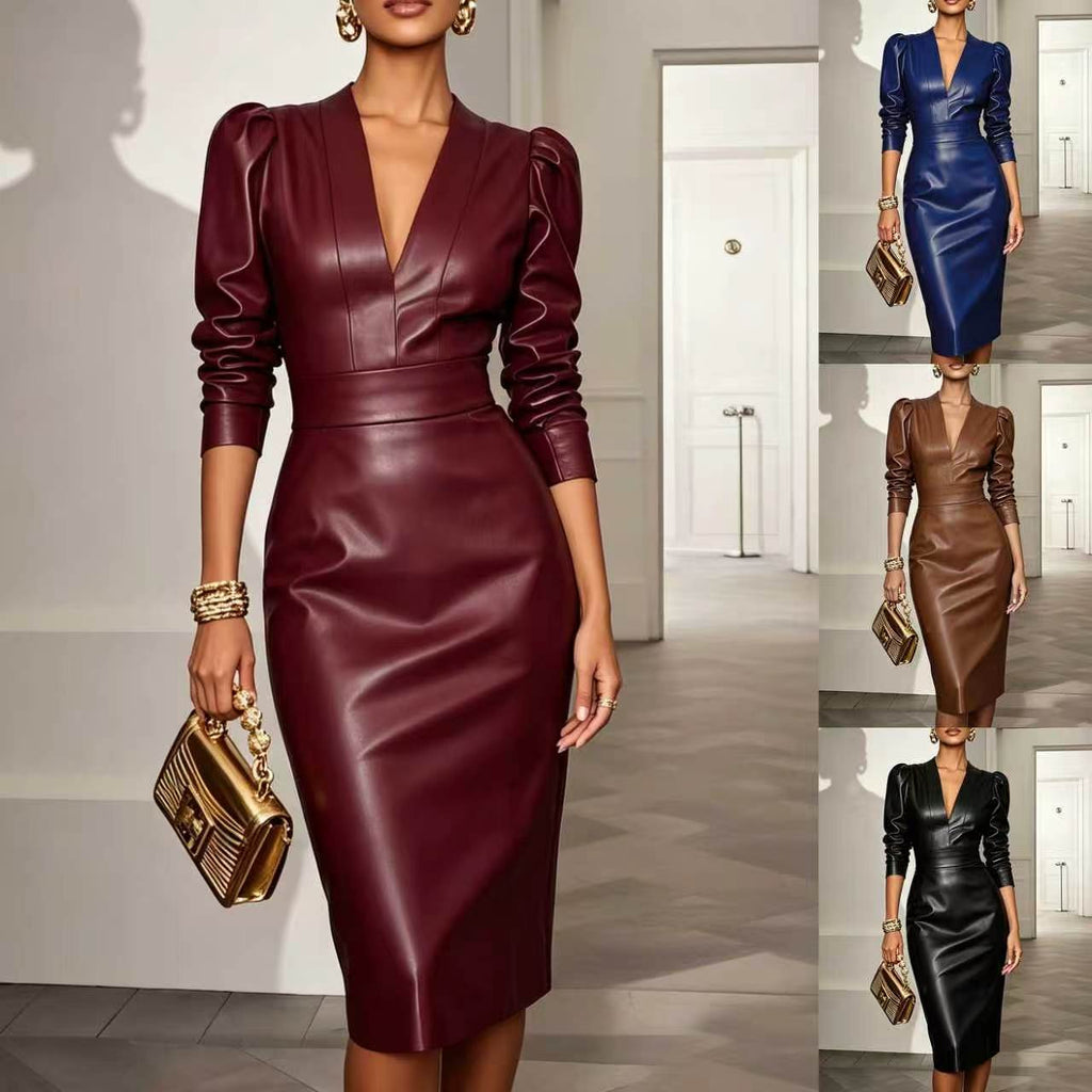 Elegant Women's Midi Dress with V-Neck and Puff Sleeves - 6 - London-stylehouse.com