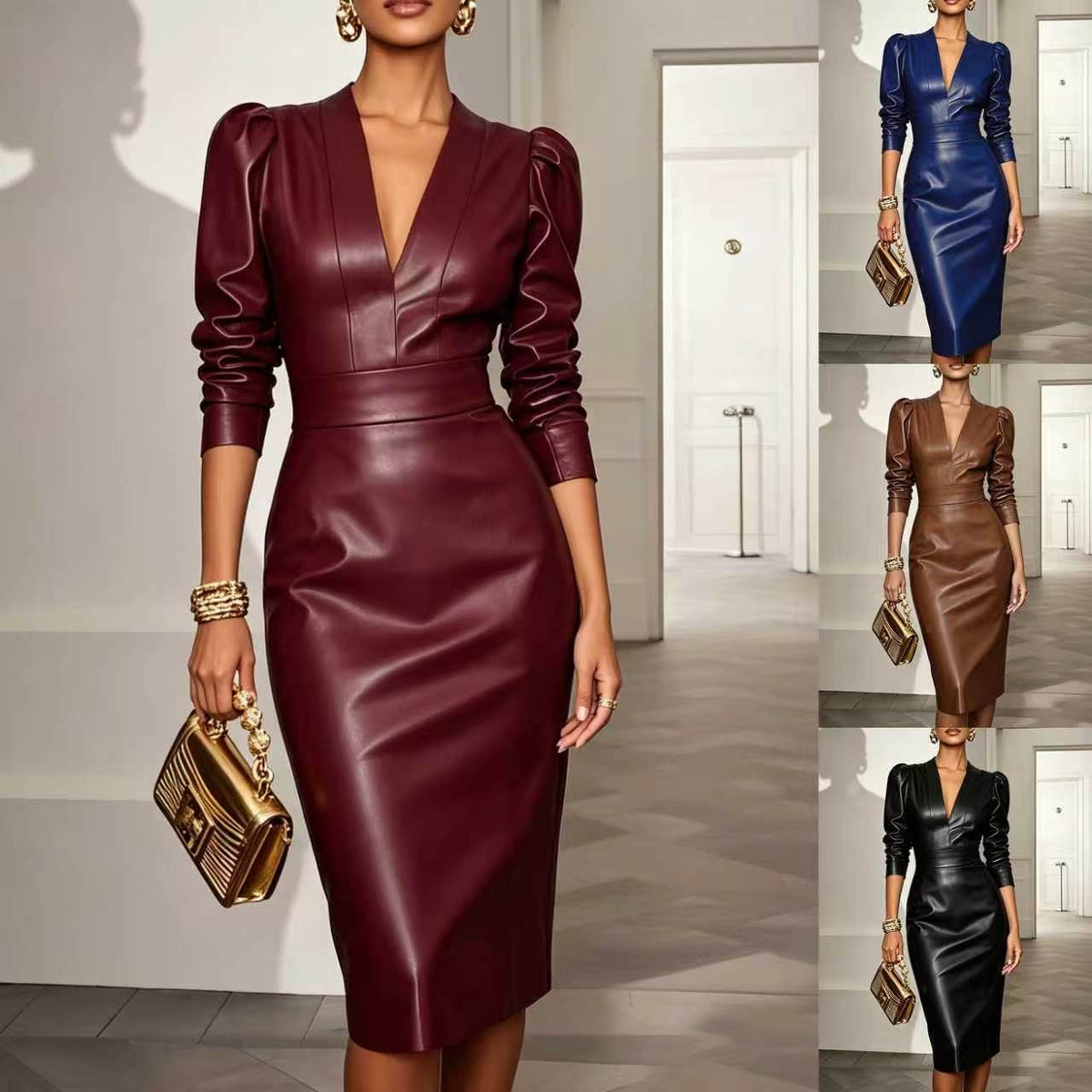 Elegant Women's Midi Dress with V-Neck and Puff Sleeves - 6 - London-stylehouse.com