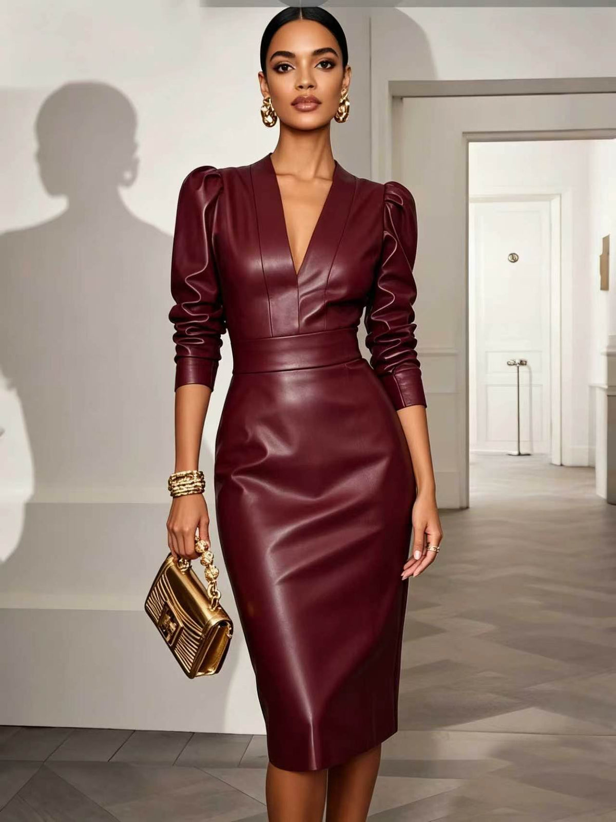 Elegant Women's Midi Dress with V-Neck and Puff Sleeves - 7 - London-stylehouse.com