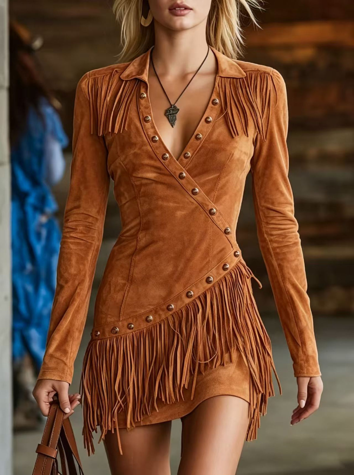 Wrap Dress Women's Long Sleeve Fringed Design with V-Neck - 4 - London-stylehouse.com