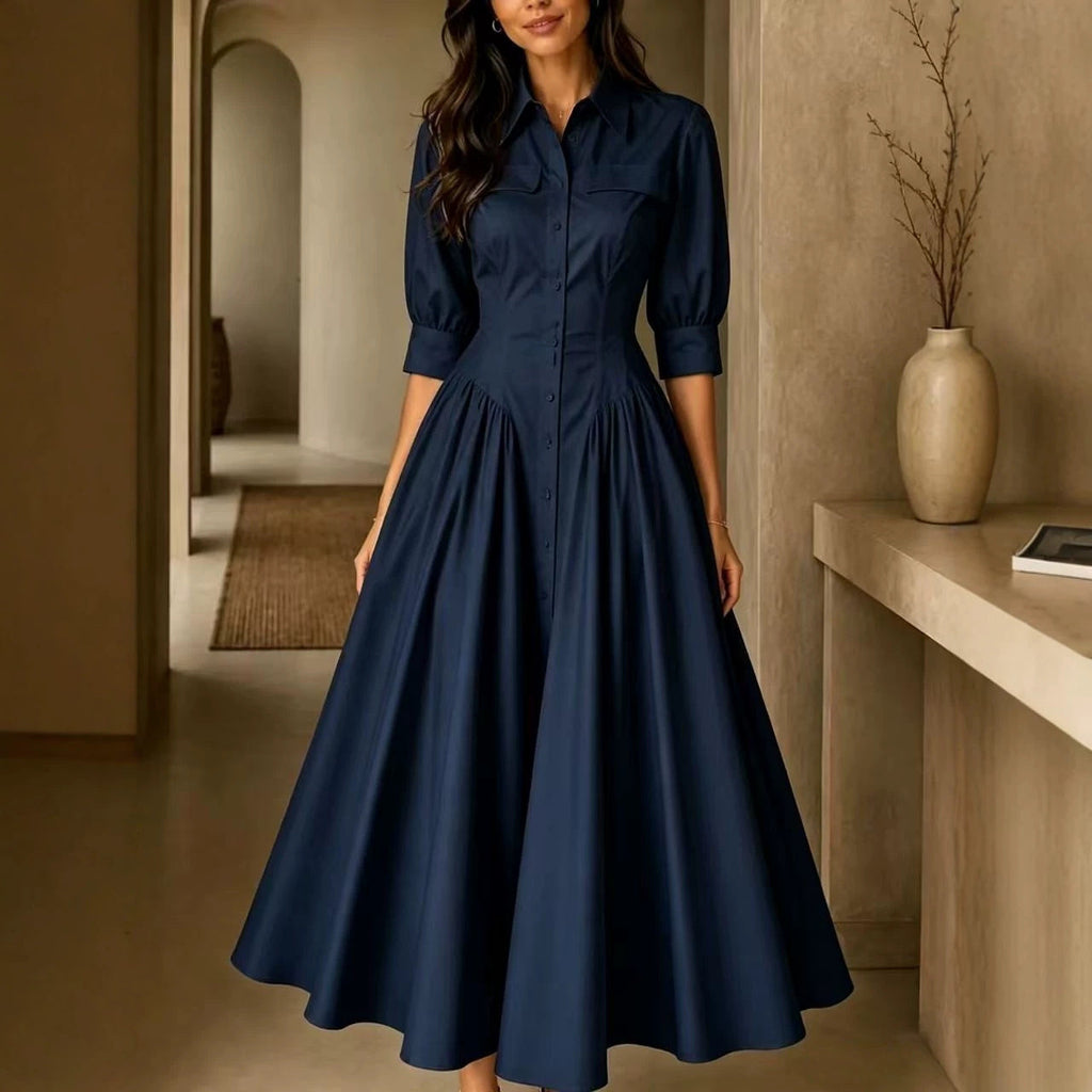 Shirt Dress Women's A-Line with Puff Sleeves and Button Front - 1 - London-stylehouse.com