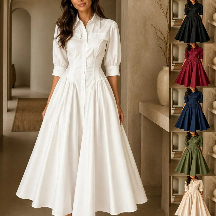 Shirt Dress Women's A-Line with Puff Sleeves and Button Front - 2 - London-stylehouse.com