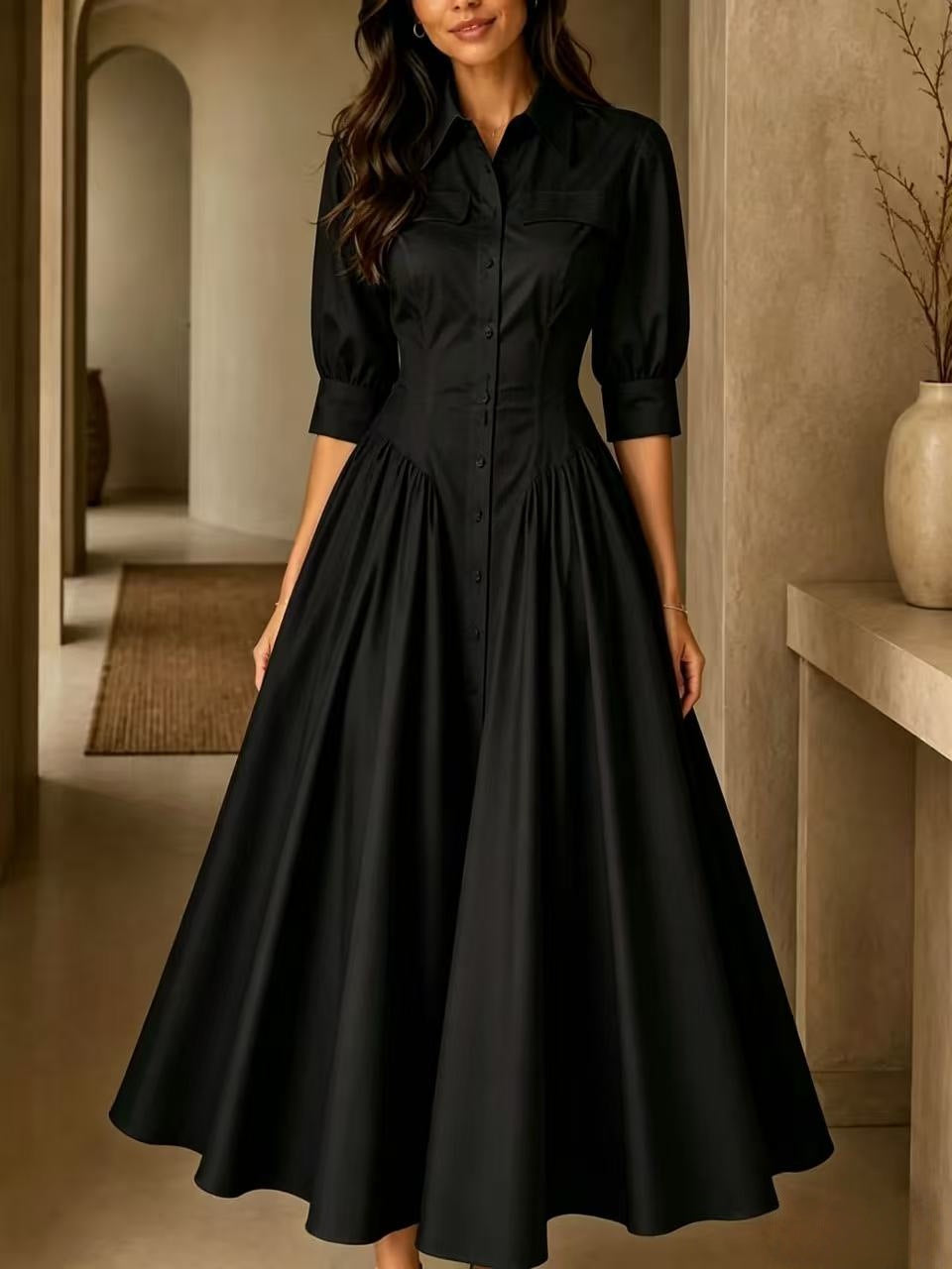 Shirt Dress Women's A-Line with Puff Sleeves and Button Front - 3 - London-stylehouse.com