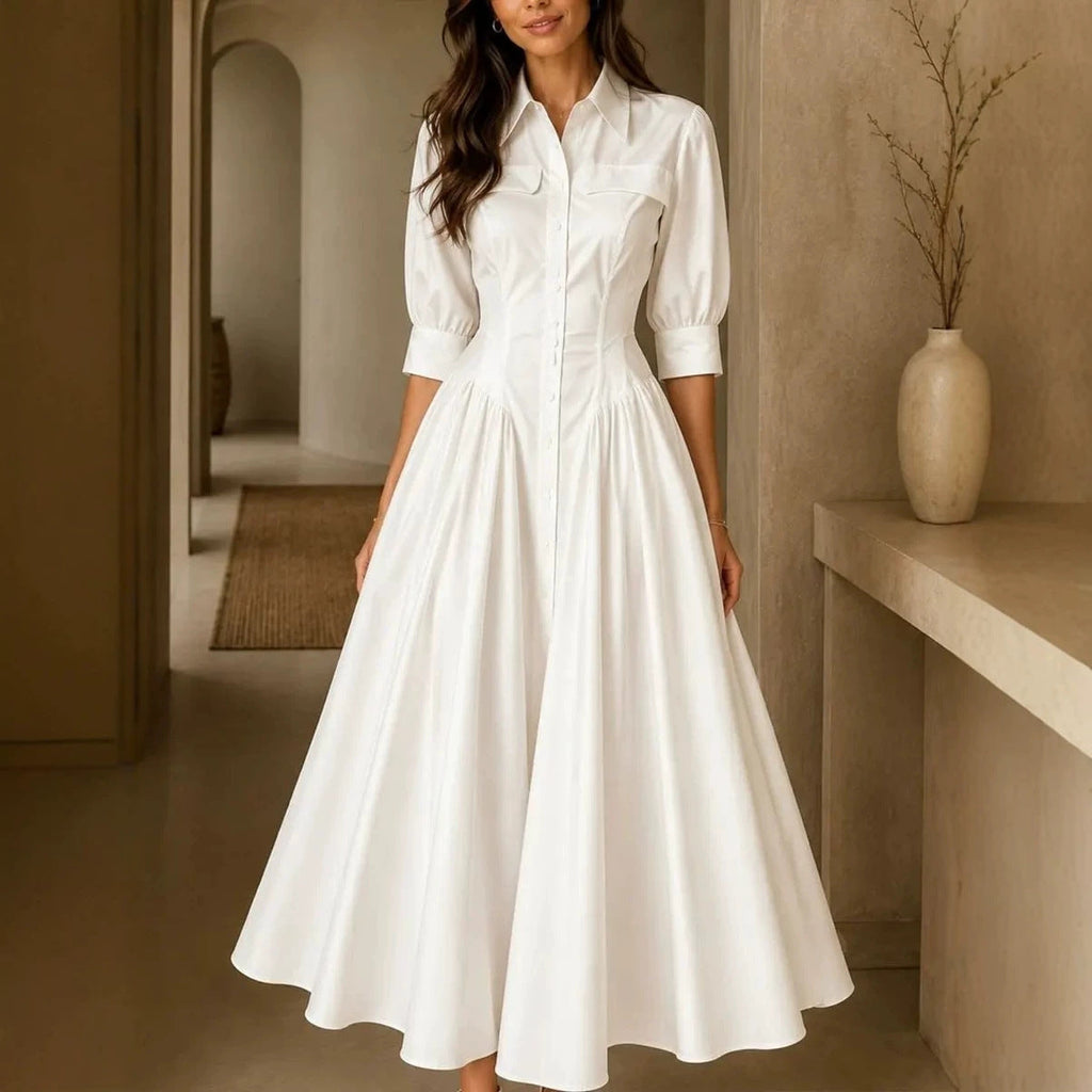 Shirt Dress Women's A-Line with Puff Sleeves and Button Front - 4 - London-stylehouse.com