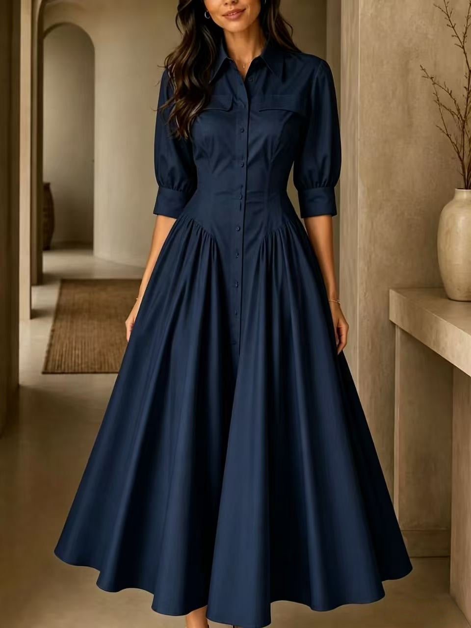 Shirt Dress Women's A-Line with Puff Sleeves and Button Front - 5 - London-stylehouse.com