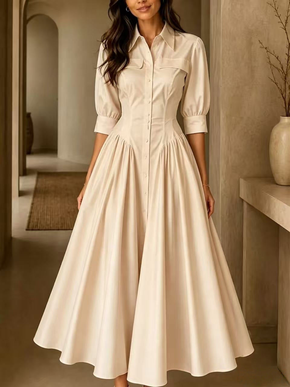 Shirt Dress Women's A-Line with Puff Sleeves and Button Front - 7 - London-stylehouse.com