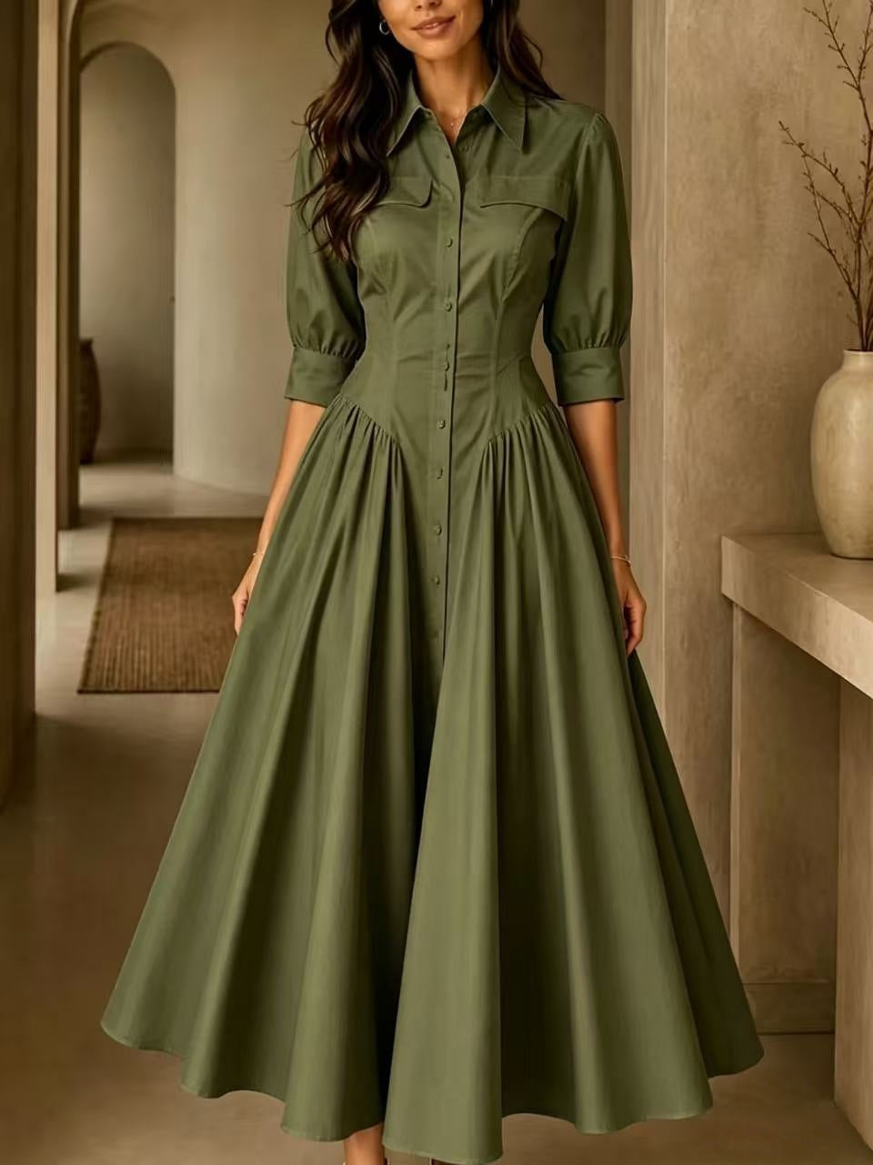 Shirt Dress Women's A-Line with Puff Sleeves and Button Front - 8 - London-stylehouse.com