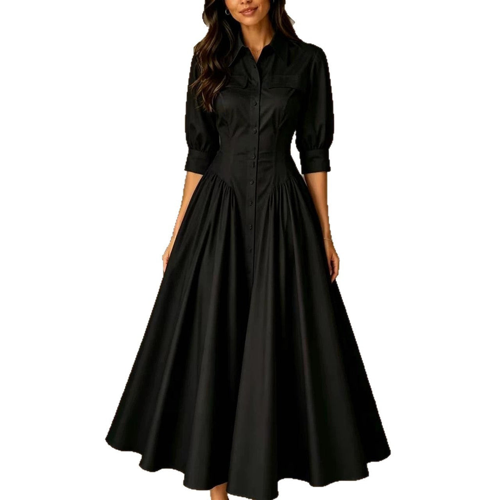 Shirt Dress Women's A-Line with Puff Sleeves and Button Front - 9 - London-stylehouse.com
