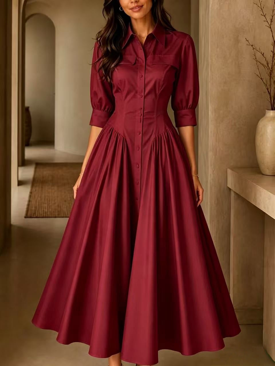 Shirt Dress Women's A-Line with Puff Sleeves and Button Front - 10 - London-stylehouse.com