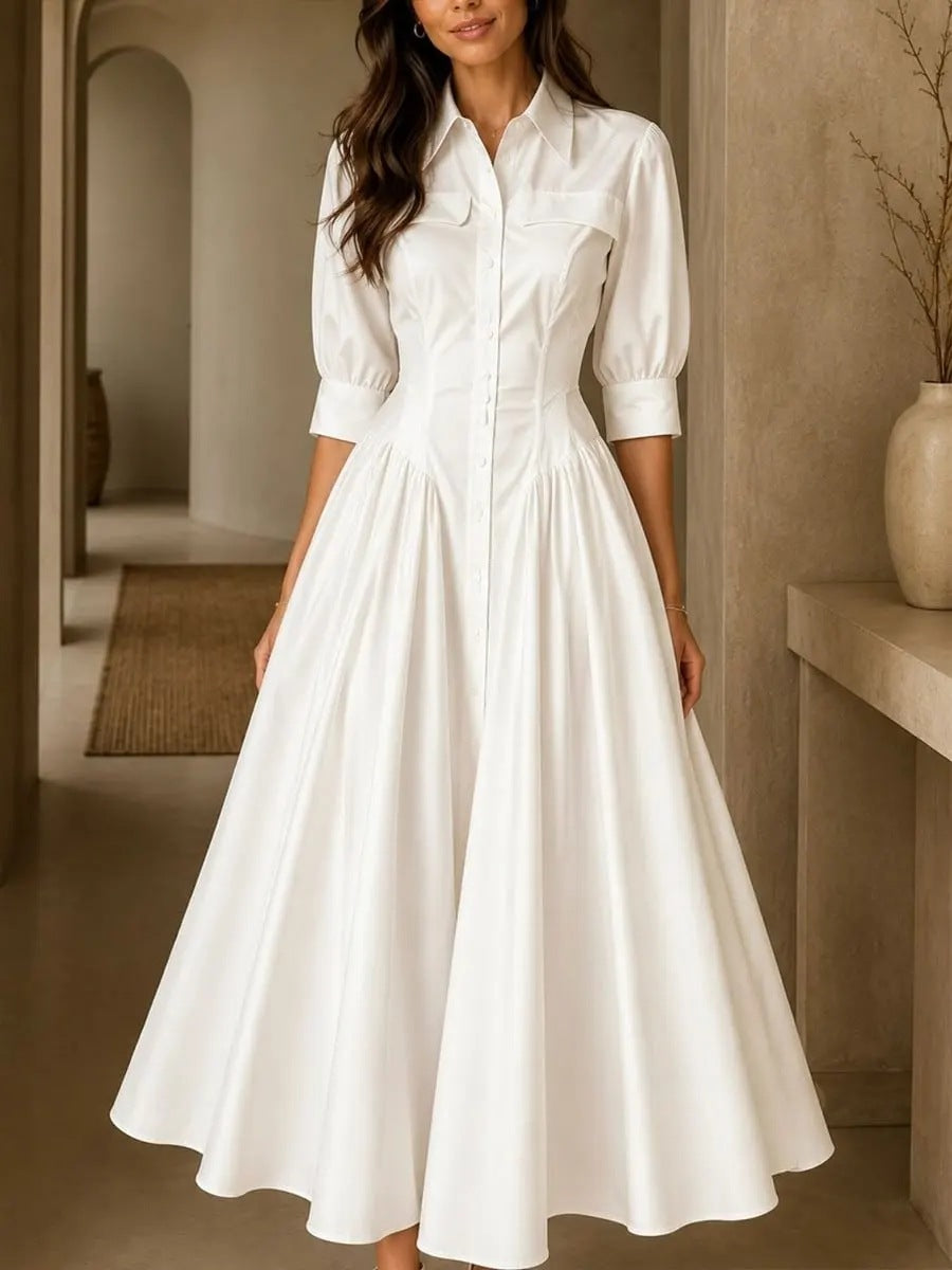 Shirt Dress Women's A-Line with Puff Sleeves and Button Front - 11 - London-stylehouse.com