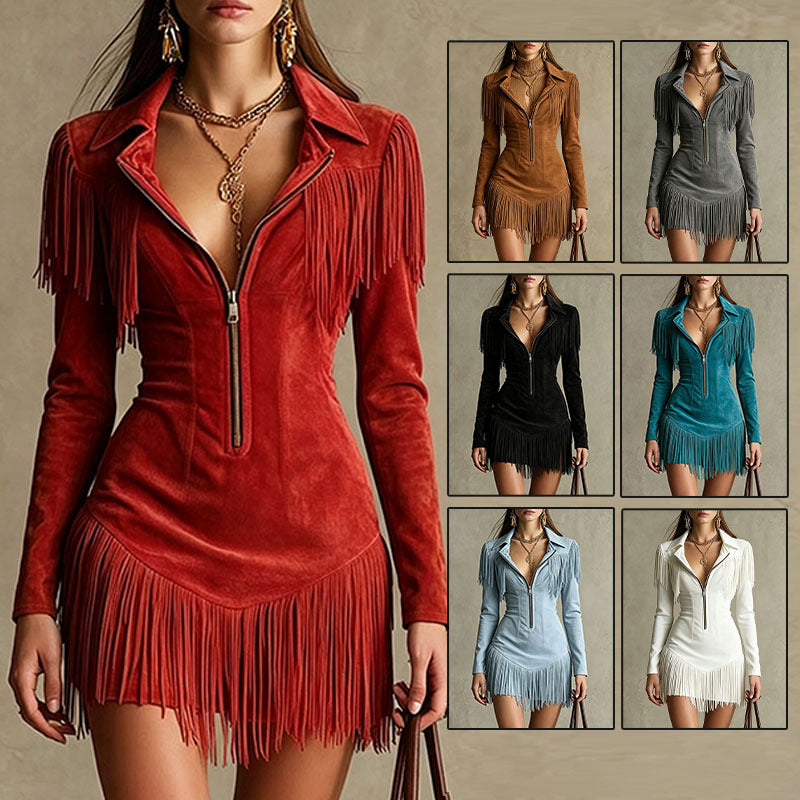 Fringed Women's Mini Dress with Deep V Neckline and Long Sleeves - 5 - London-stylehouse.com