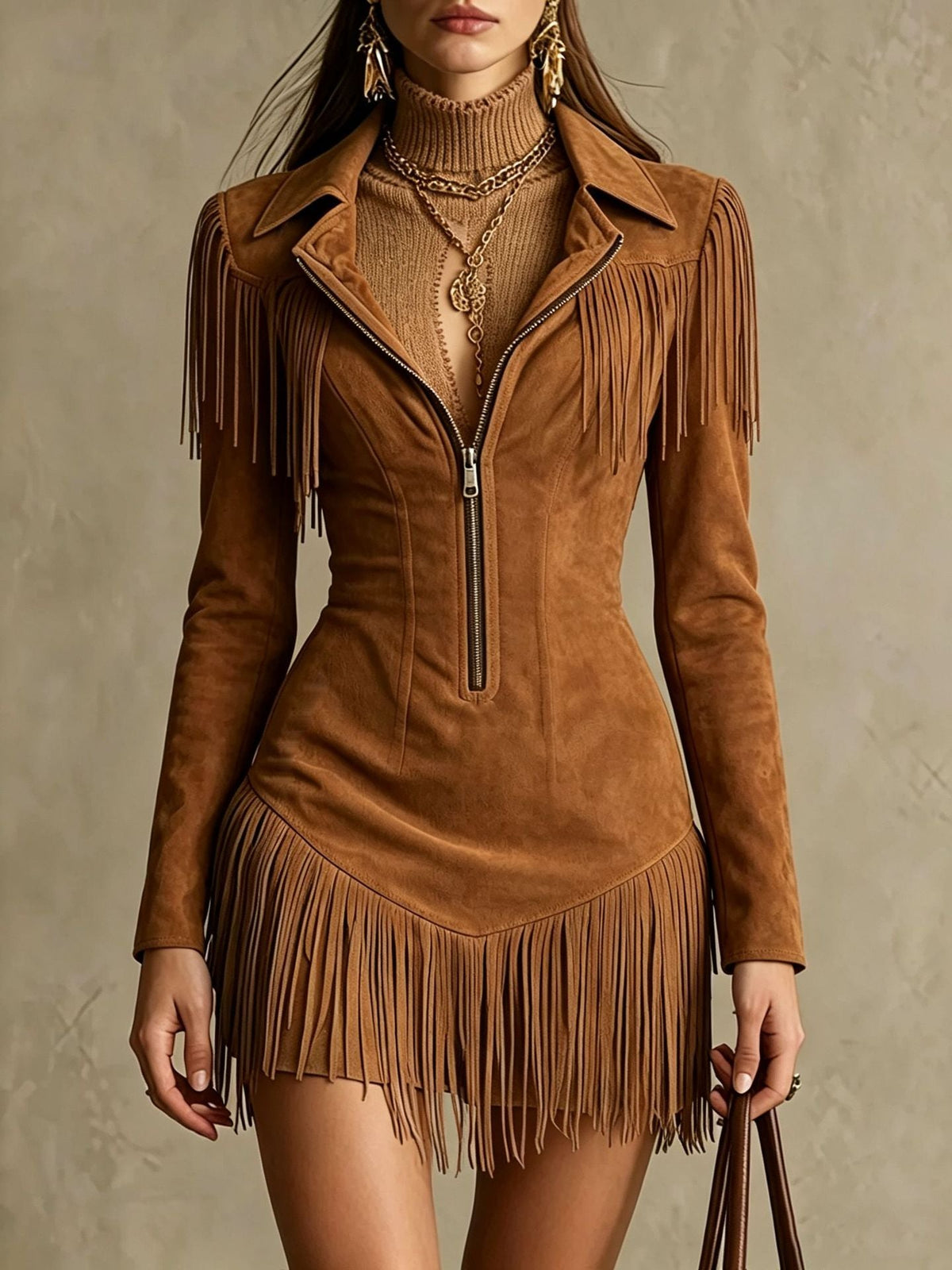 Fringed Women's Mini Dress with Deep V Neckline and Long Sleeves - 9 - London-stylehouse.com