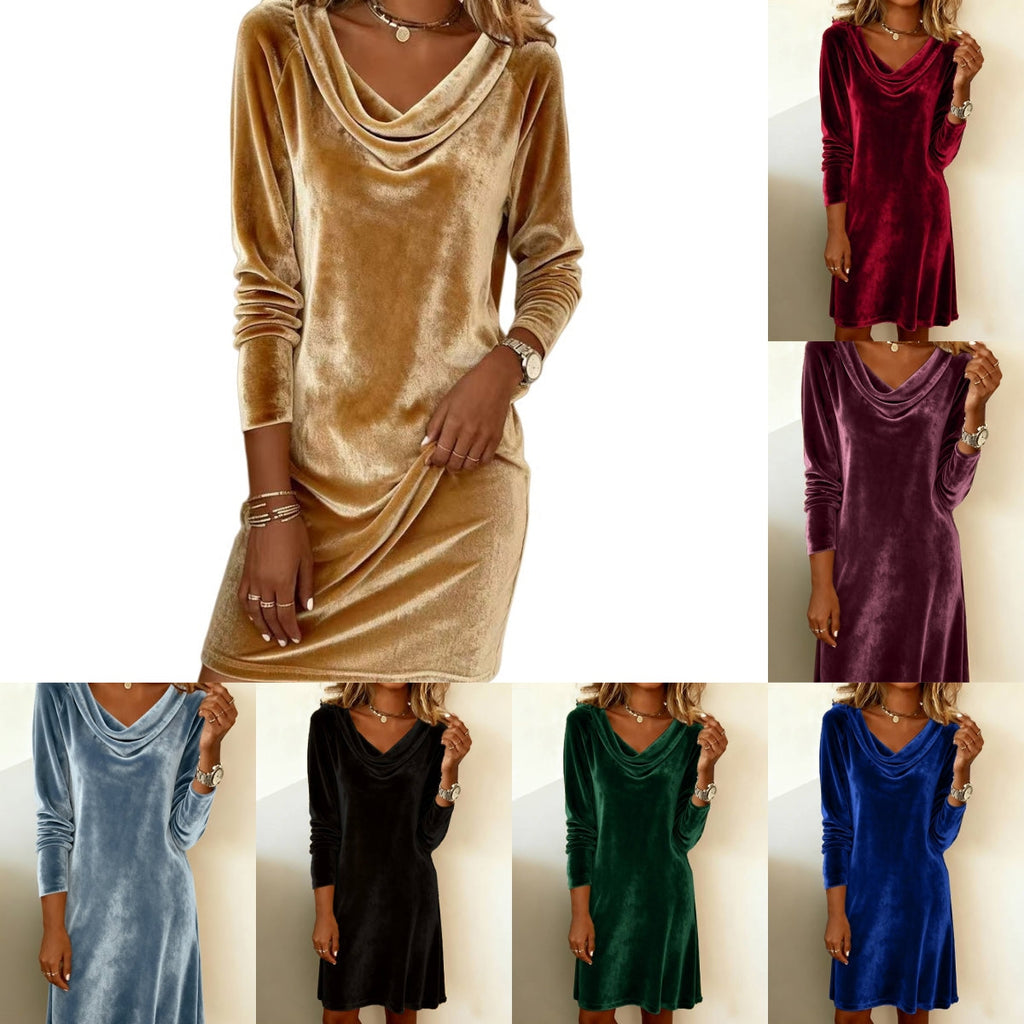 Cowl Neck Women's Long Sleeve Dress with Flared Skirt - 3 - London-stylehouse.com