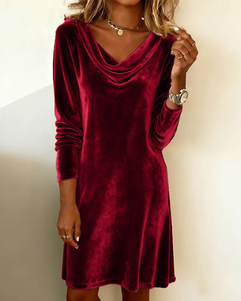 Cowl Neck Women's Long Sleeve Dress with Flared Skirt - 5 - London-stylehouse.com
