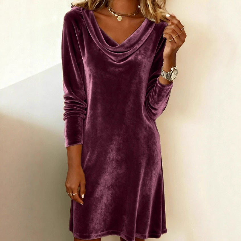 Cowl Neck Women's Long Sleeve Dress with Flared Skirt - 6 - London-stylehouse.com