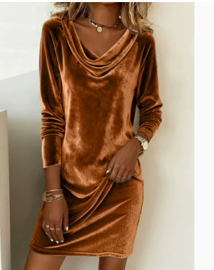 Cowl Neck Women's Long Sleeve Dress with Flared Skirt - 11 - London-stylehouse.com