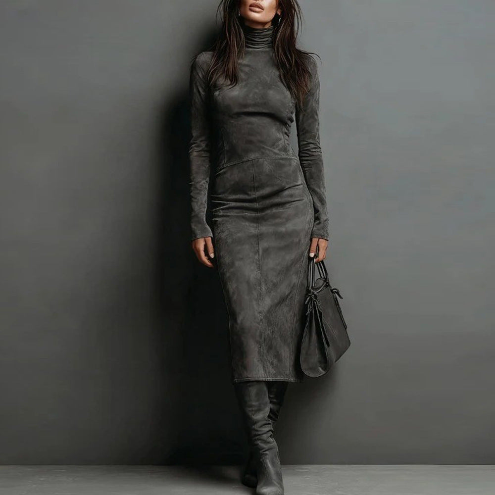 Long Sleeve Women's Midi Dress with Roll Neck and Fitted Silhouette - 10 - London-stylehouse.com