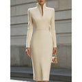 Elegant Midi Dress Women's Fitted Silhouette with Stand Collar - 1 - London-stylehouse.com