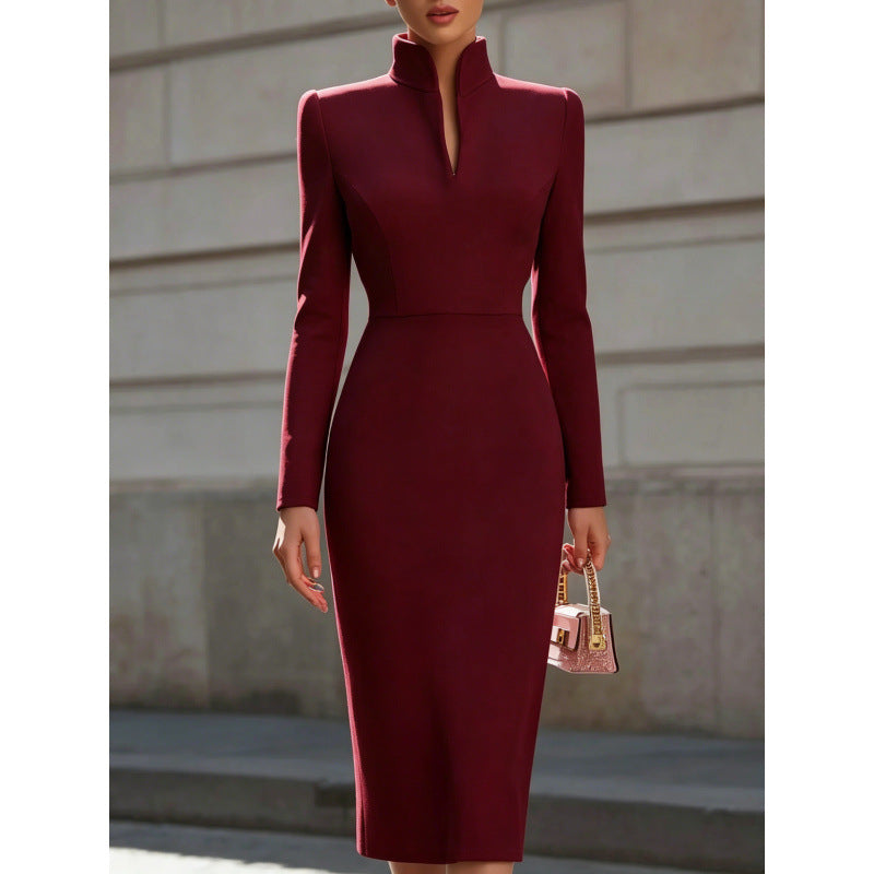 Elegant Midi Dress Women's Fitted Silhouette with Stand Collar - 2 - London-stylehouse.com