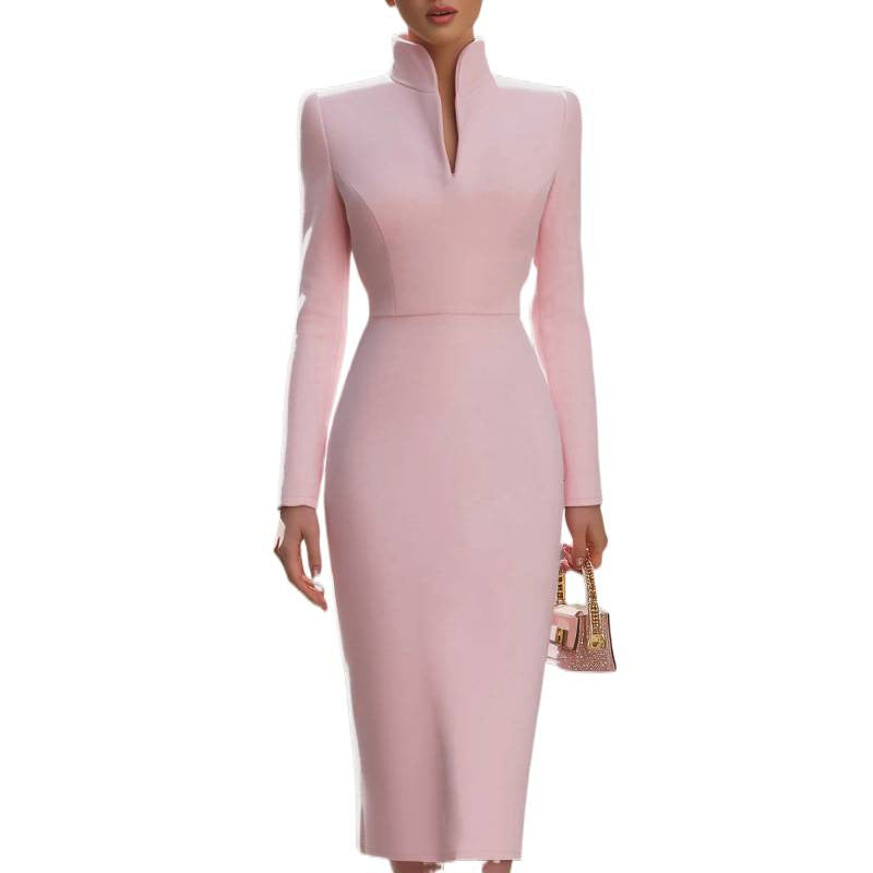 Elegant Midi Dress Women's Fitted Silhouette with Stand Collar - 4 - London-stylehouse.com