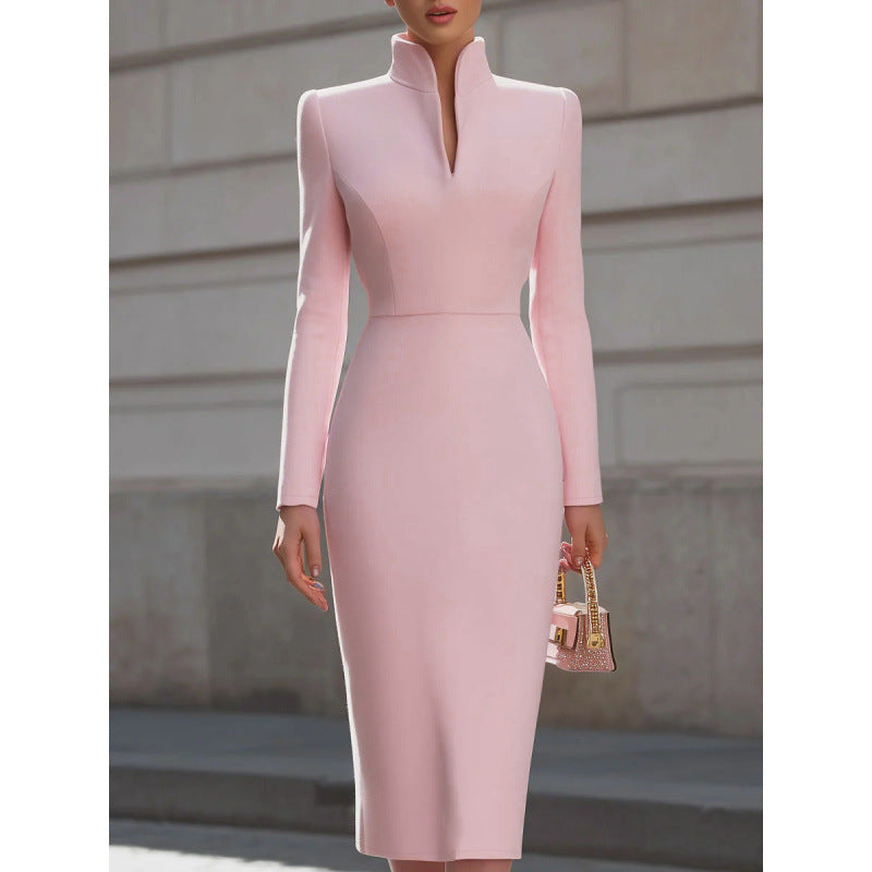 Elegant Midi Dress Women's Fitted Silhouette with Stand Collar - 6 - London-stylehouse.com