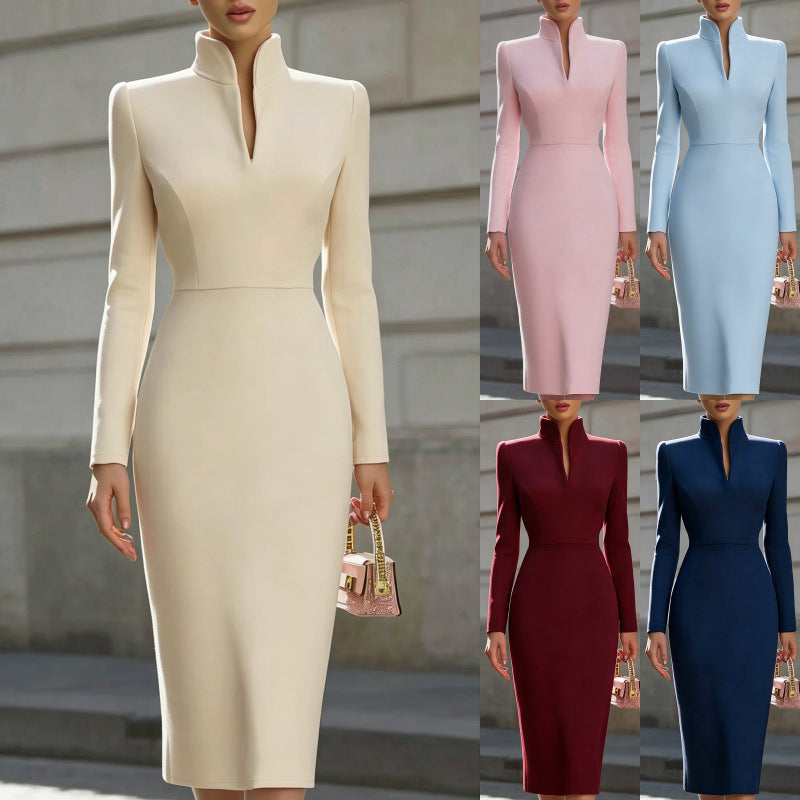 Elegant Midi Dress Women's Fitted Silhouette with Stand Collar - 7 - London-stylehouse.com