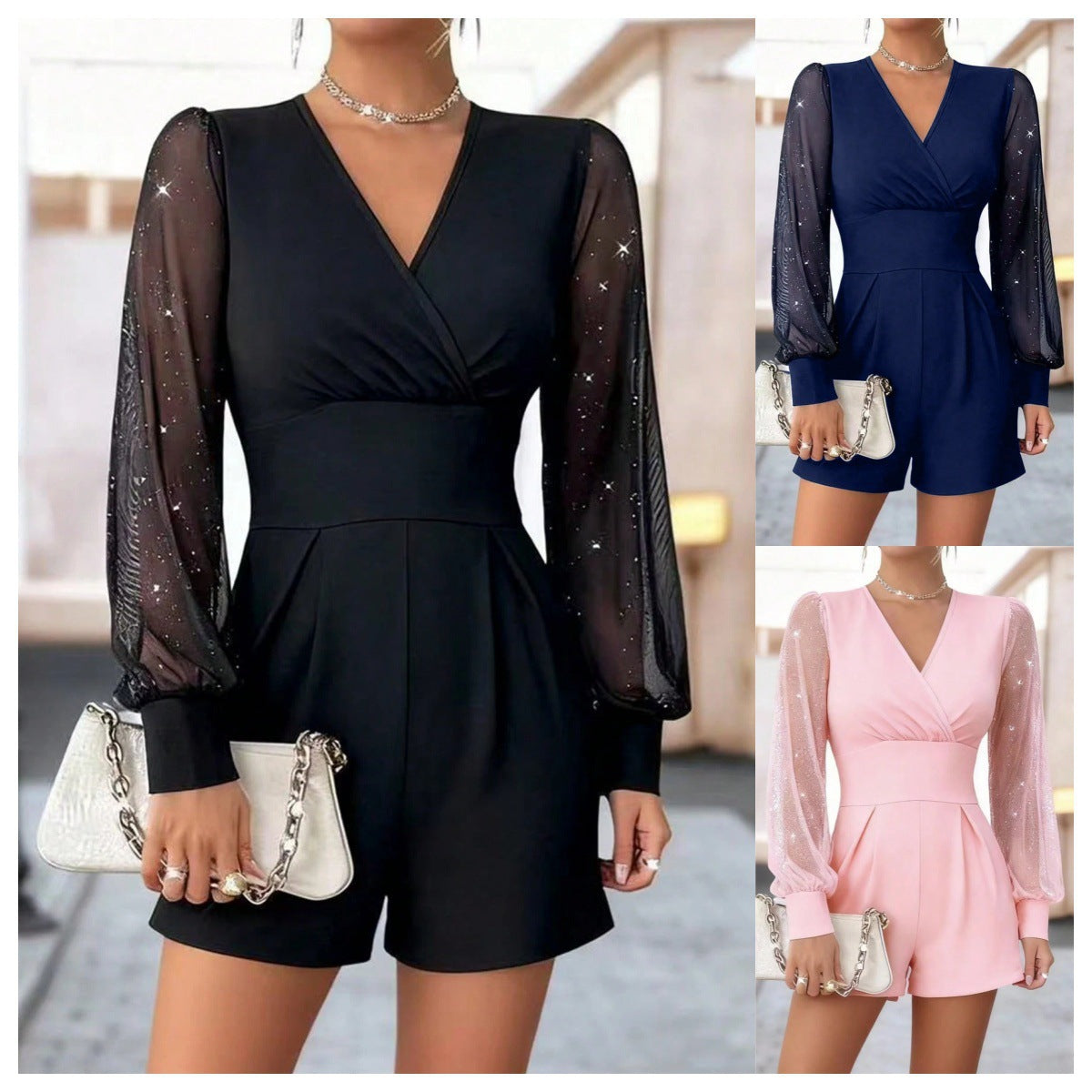 Jumpsuit Women V-Neck with Puff Sleeves and Flattering Fit - 1 - London-stylehouse.com