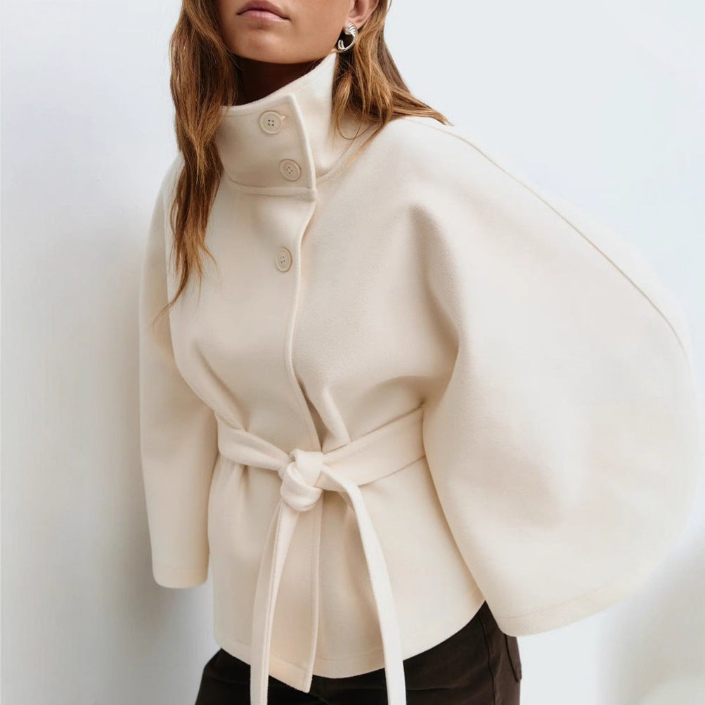 Women's Jacket with High Neck and Statement Wrap Belt - 8 - London-stylehouse.com