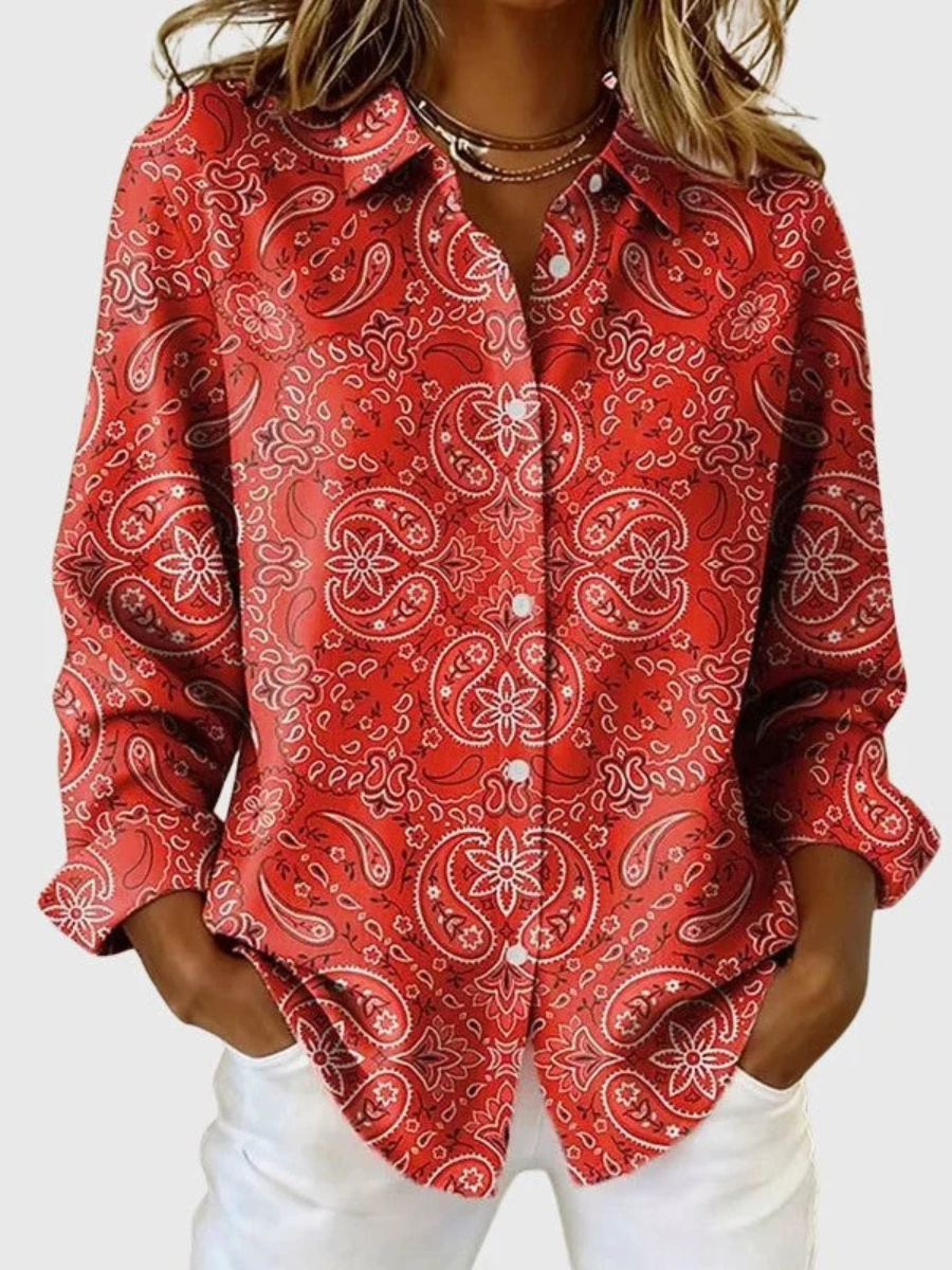 Women's Blouse with Classic Collar and Vibrant Paisley Print - 3 - London-stylehouse.com