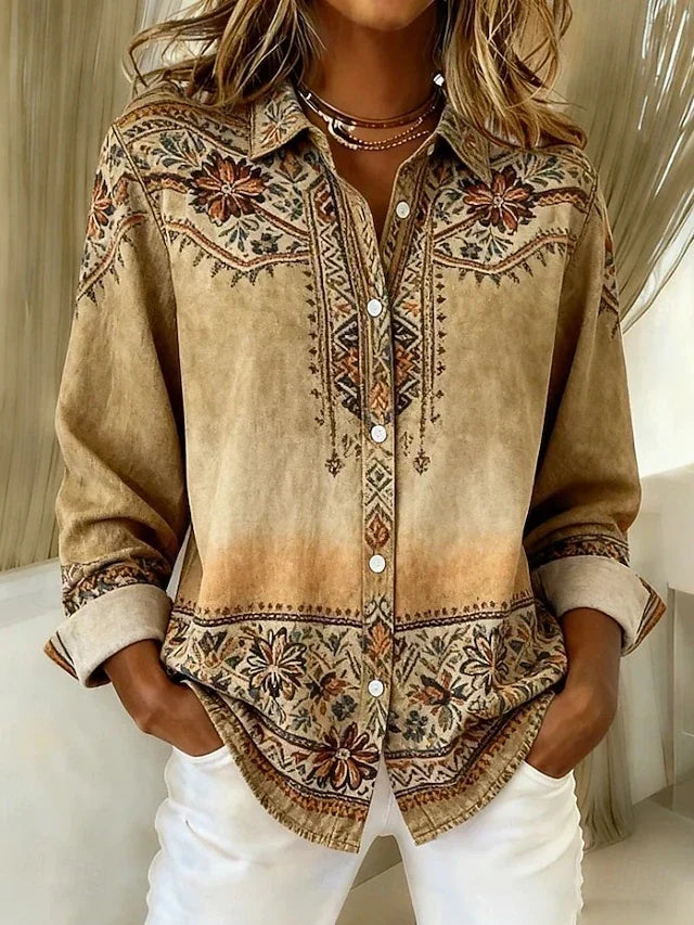 Women's Floral Blouse with Button Front and Long Sleeves - 1 - London-stylehouse.com