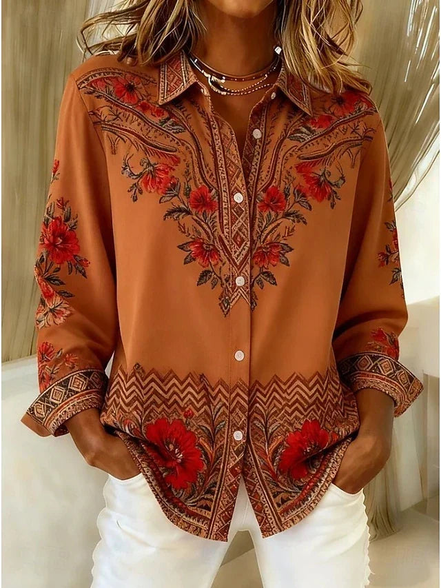 Women's Floral Blouse with Button Front and Long Sleeves - 1 - London-stylehouse.com