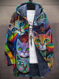 Hooded Jacket Women with Artistic Cat Print and Relaxed Fit - 1 - London-stylehouse.com