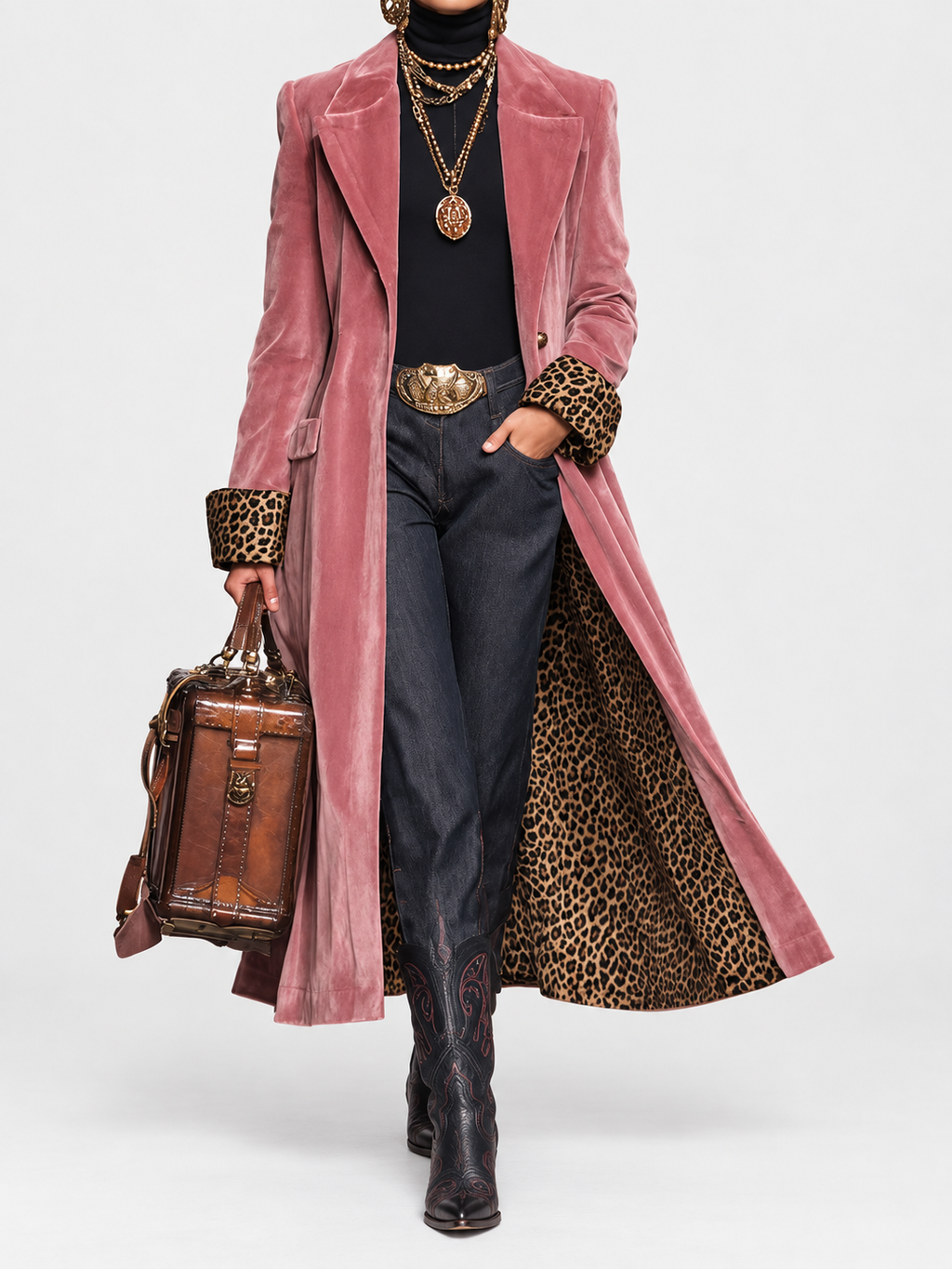 Chic Women's Long Coat with Tailored Fit and Leopard Print Details - 1 - London-stylehouse.com