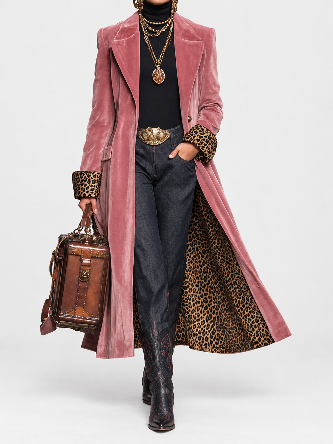 Chic Women's Long Coat with Tailored Fit and Leopard Print Details - 1 - London-stylehouse.com
