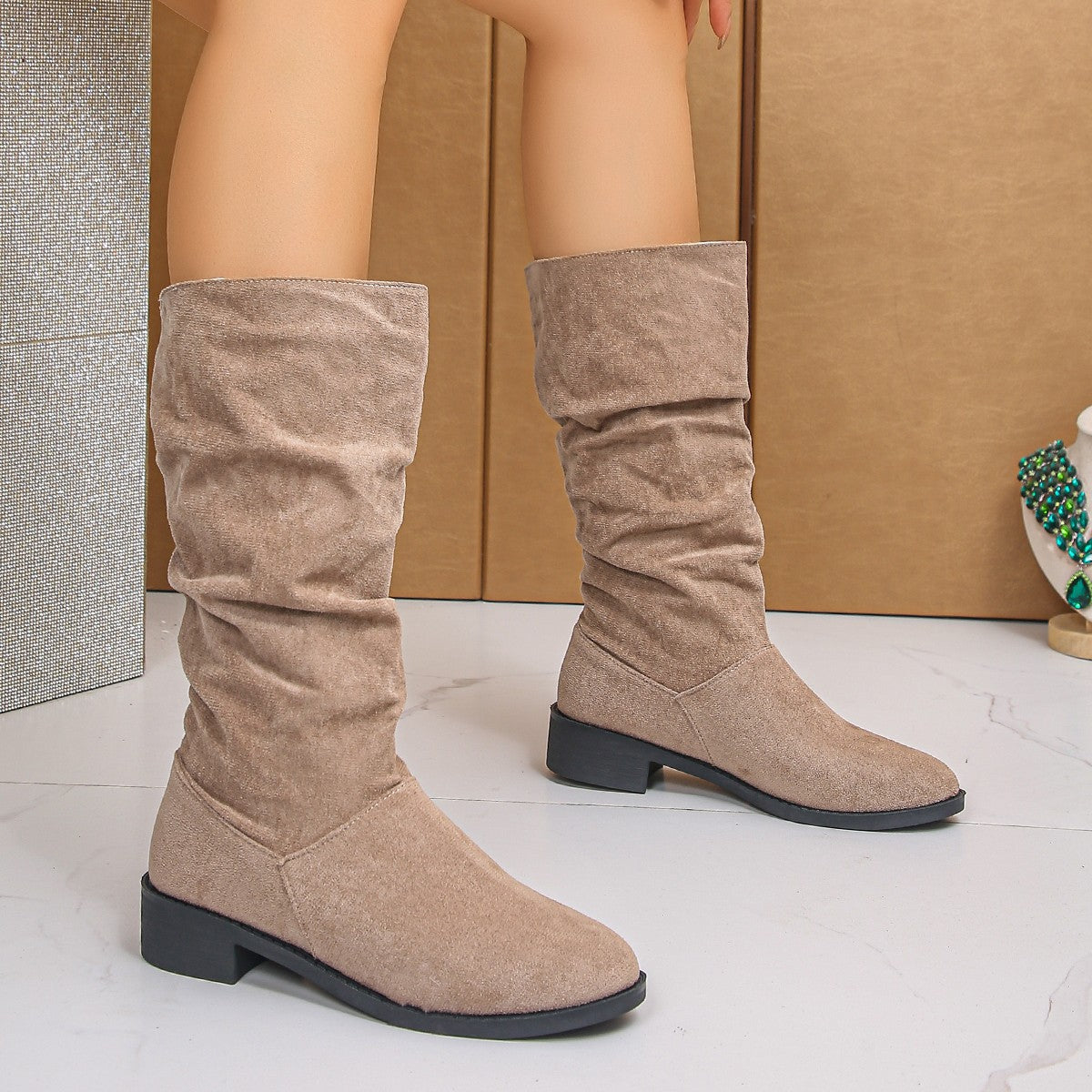 Women’s Relaxed Fit Slouch Boots with Rounded Toe - 2 - London-stylehouse.com