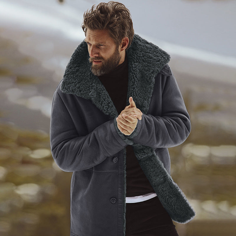 Casual Mid-Length Overcoat for Men with Soft Plush Collar - 2 - London-stylehouse.com