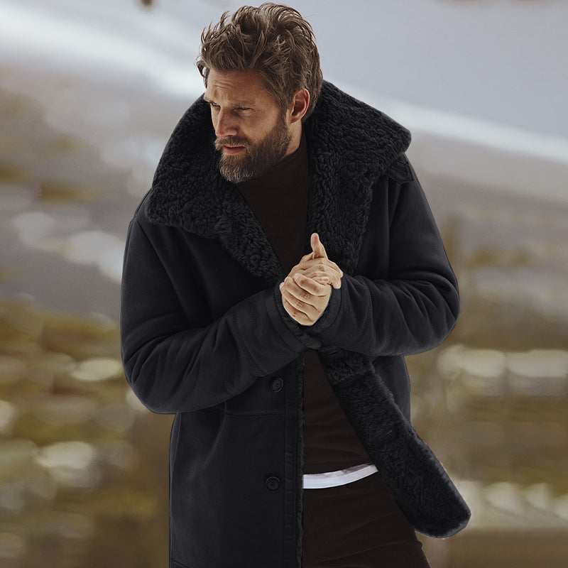 Casual Mid-Length Overcoat for Men with Soft Plush Collar - 3 - London-stylehouse.com