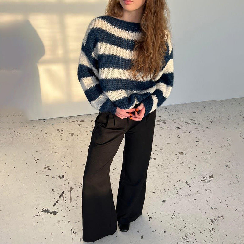 Striped Patterned Loose Fit Women's Pullover Sweater - 1 - London-stylehouse.com